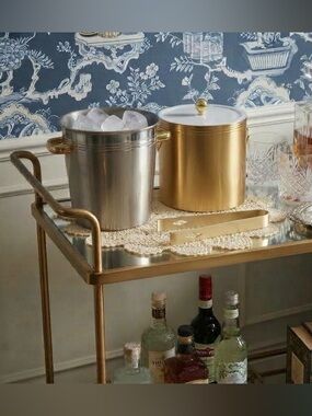 Vintage Culver MCM Gold Ice Bucket, Wine Cooler & New Culver Ice Tongs Bundle